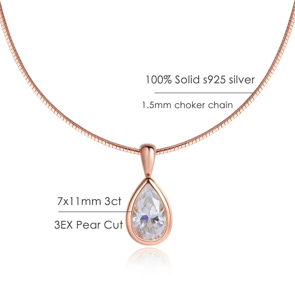 Info layout of Pear Cut Moissanite Solitaire Pendant Necklace, 3CT 7x11mm, solid s925 silver, 1.5mm choker chain, 18K rose gold - Sensitive Stones