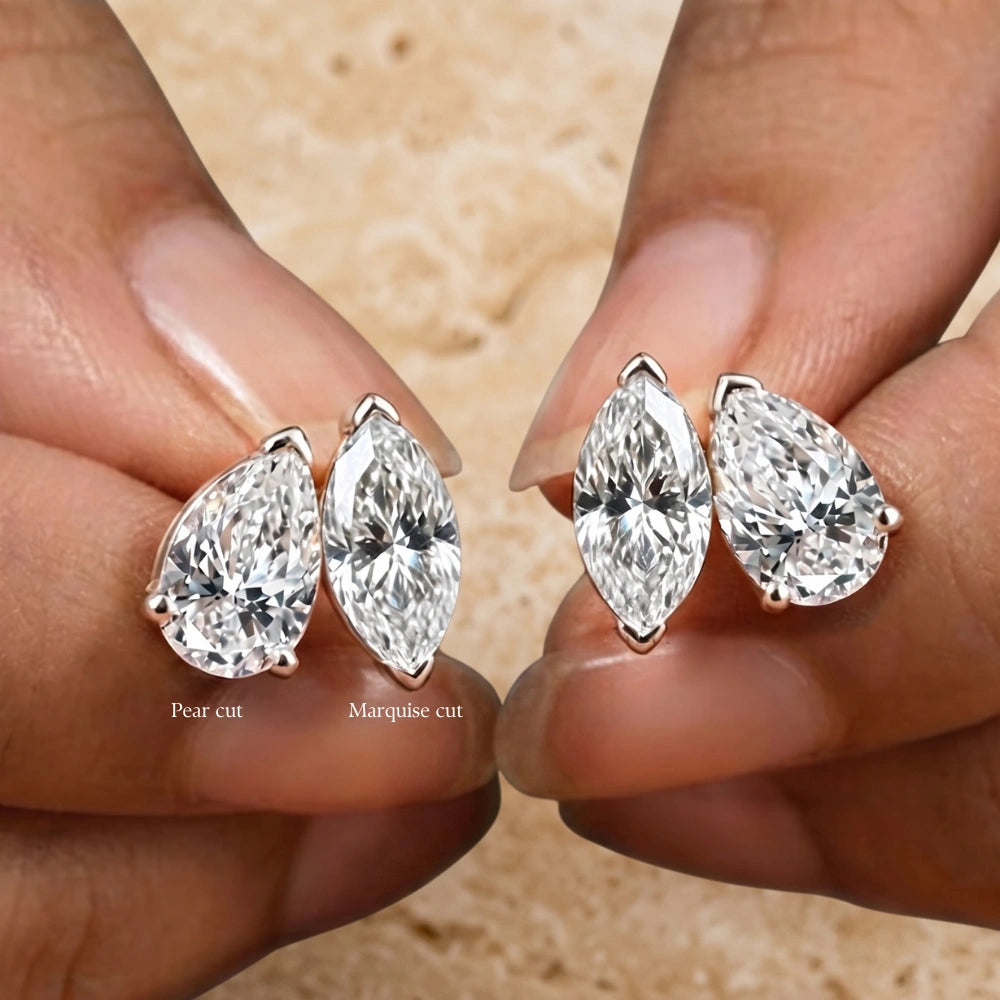 Pear cut and marquise cut moissanite studs in rose gold side by side, labeled to compare stone shape