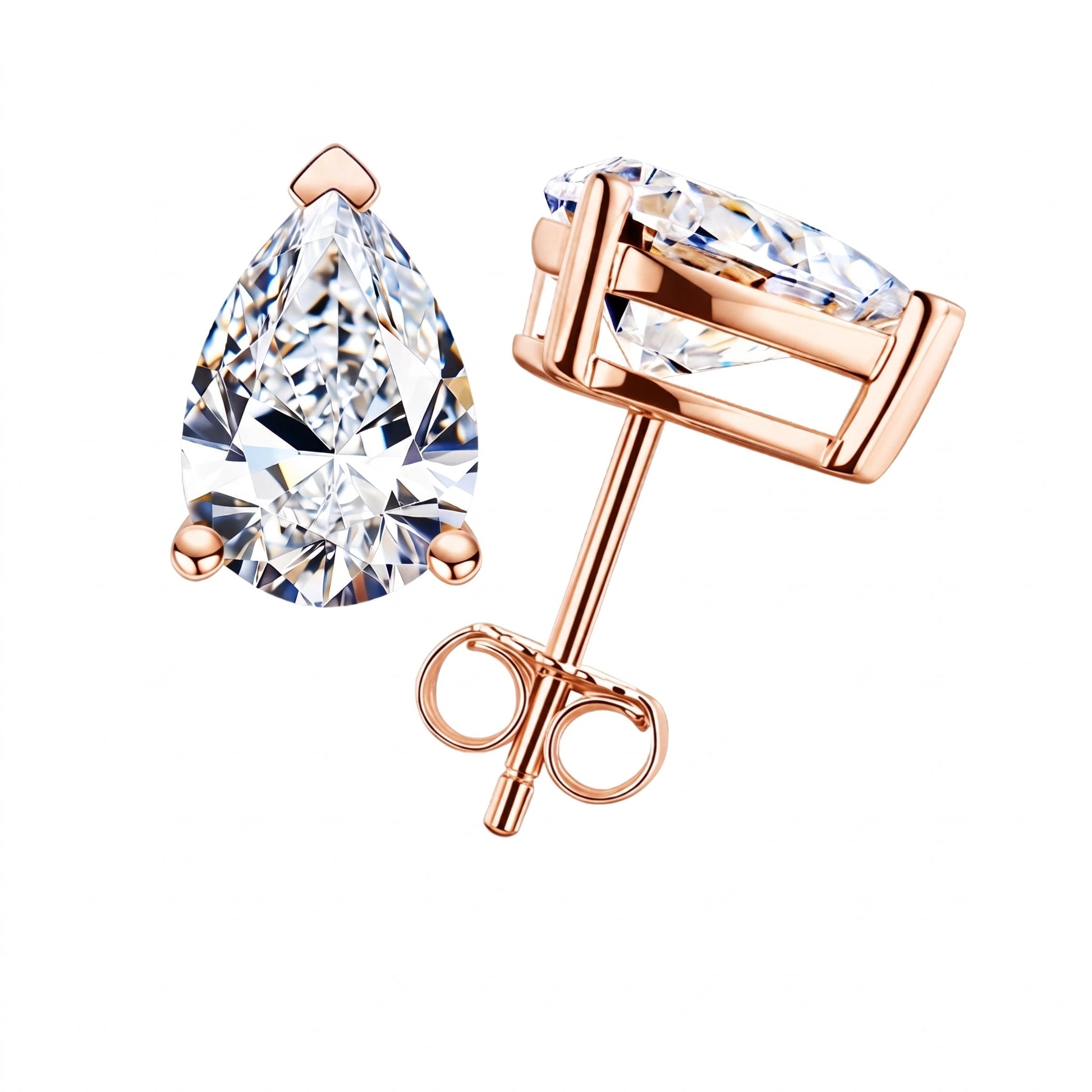 Pear cut moissanite stud earrings in 18K rose gold plated sterling silver, front and side view with three-prong setting