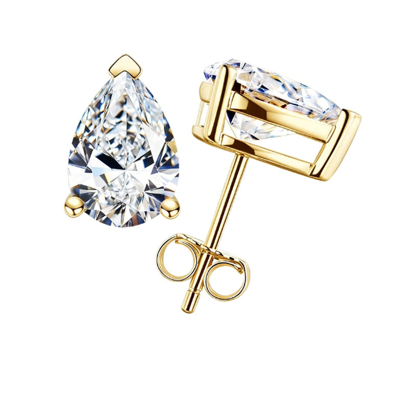 Pear cut moissanite stud earrings in 18K yellow gold plated sterling silver, front and side view with three-prong setting