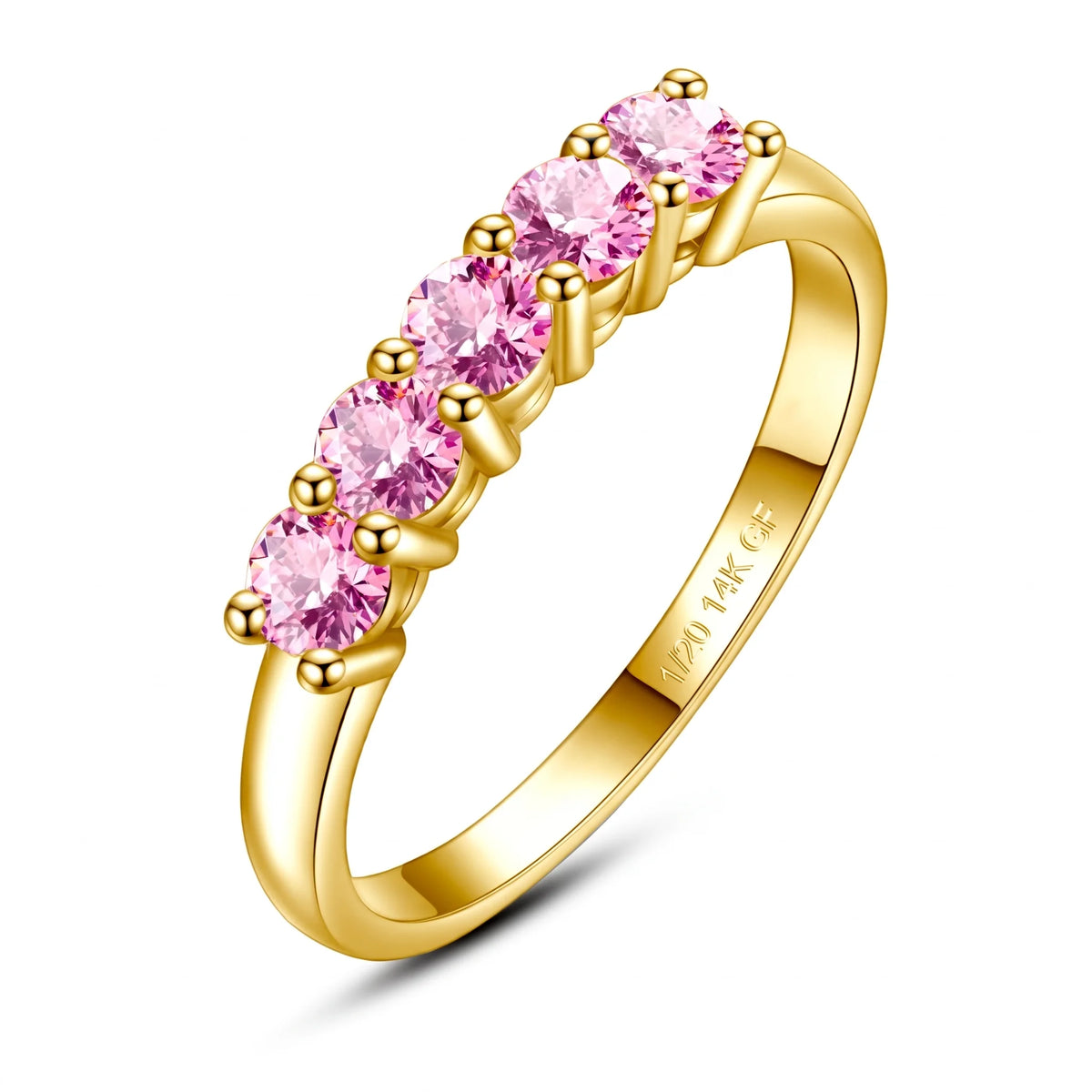 Pink moissanite five stone stackable ring in 14K gold filled, shown at an angle with the 1/20 14K GF stamp visible inside the band - Sensitive Stones