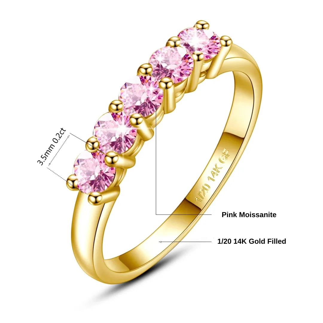 Specification diagram of the pink moissanite five stone stackable ring showing 3.5mm 0.2ct pink moissanite and the 1/20 14K Gold Filled stamp - Sensitive Stones