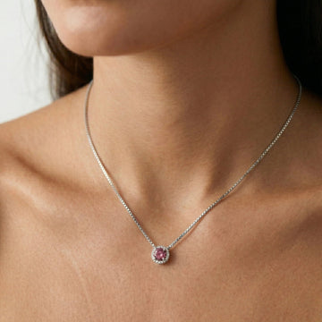 Pink moissanite halo pendant necklace 925 sterling silver white gold plated on model - Sensitive Stones