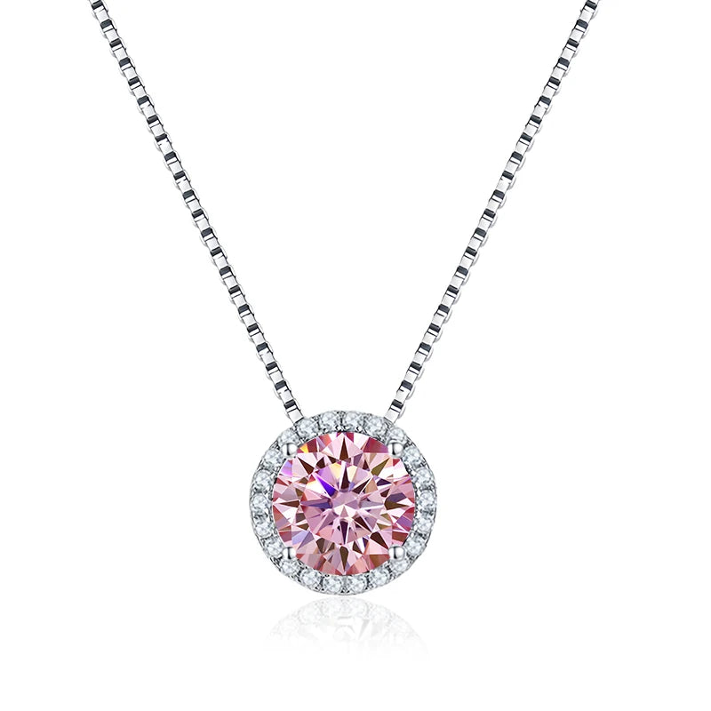 Pink moissanite halo pendant necklace 925 sterling silver white gold plated - Sensitive Stones