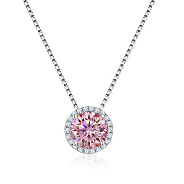 Pink moissanite halo pendant necklace 925 sterling silver white gold plated - Sensitive Stones