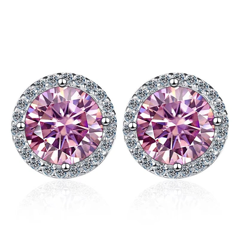 Pink moissanite halo stud earrings in 925 sterling silver on white background - Sensitive Stones