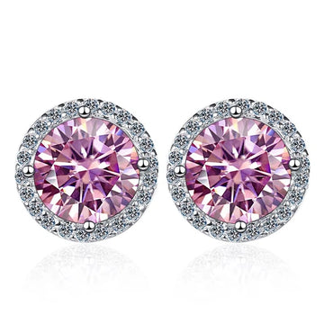 Pink moissanite halo stud earrings in 925 sterling silver on white background - Sensitive Stones