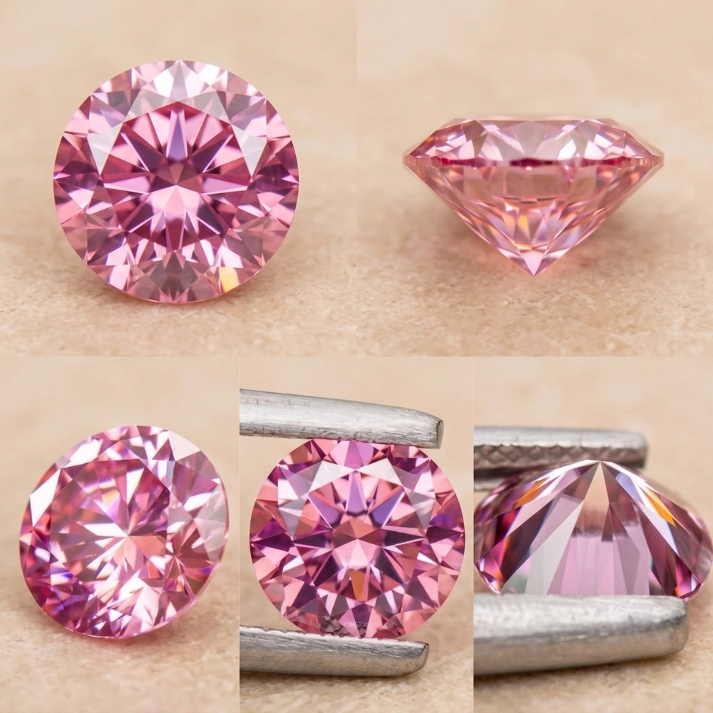 Close-up detail of a round brilliant-cut pink moissanite stone showing facets and fire - Sensitive Stones