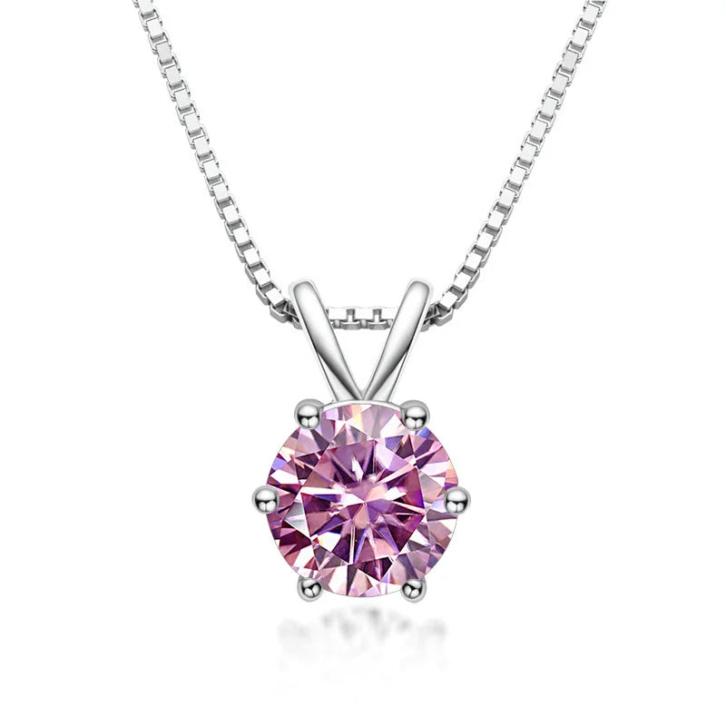 Pink moissanite solitaire pendant necklace 925 sterling silver 18K white gold plated 6 prong - Sensitive Stones