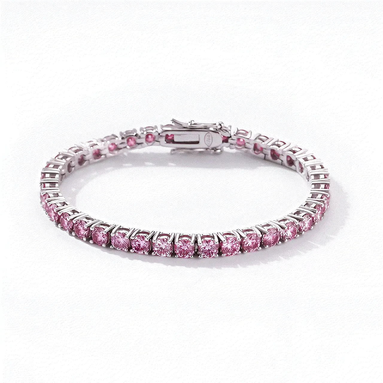 Pink Moissanite Tennis Bracelet in 925 Sterling Silver with 18K White Gold Plating flat lay | Sensitive Stones
