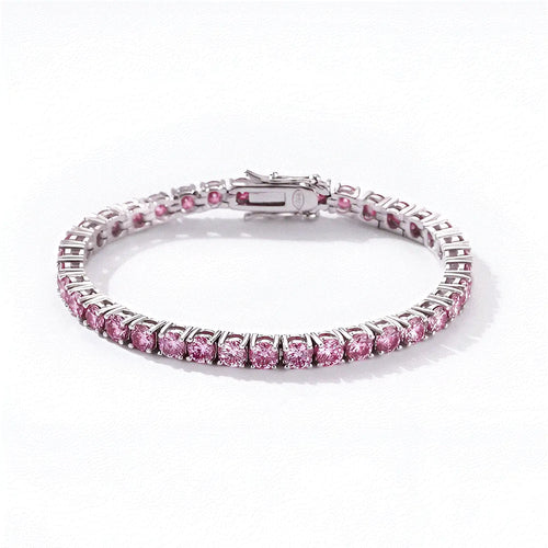 Pink Moissanite Tennis Bracelet in 925 Sterling Silver with 18K White Gold Plating flat lay | Sensitive Stones