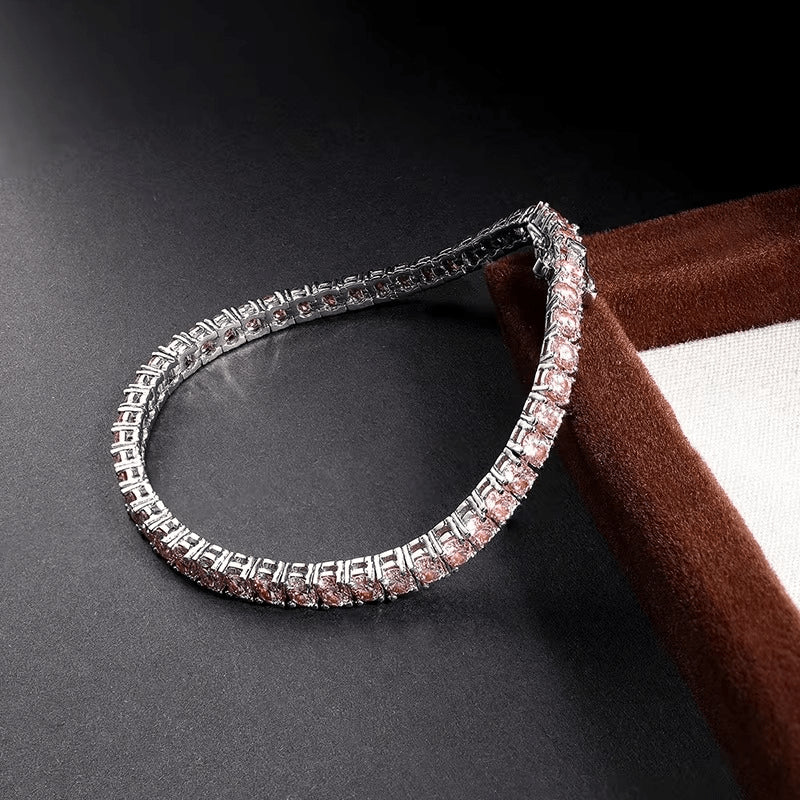 Pink moissanite tennis bracelet set in 925 silver on a dark surface  - Sensitive Stones