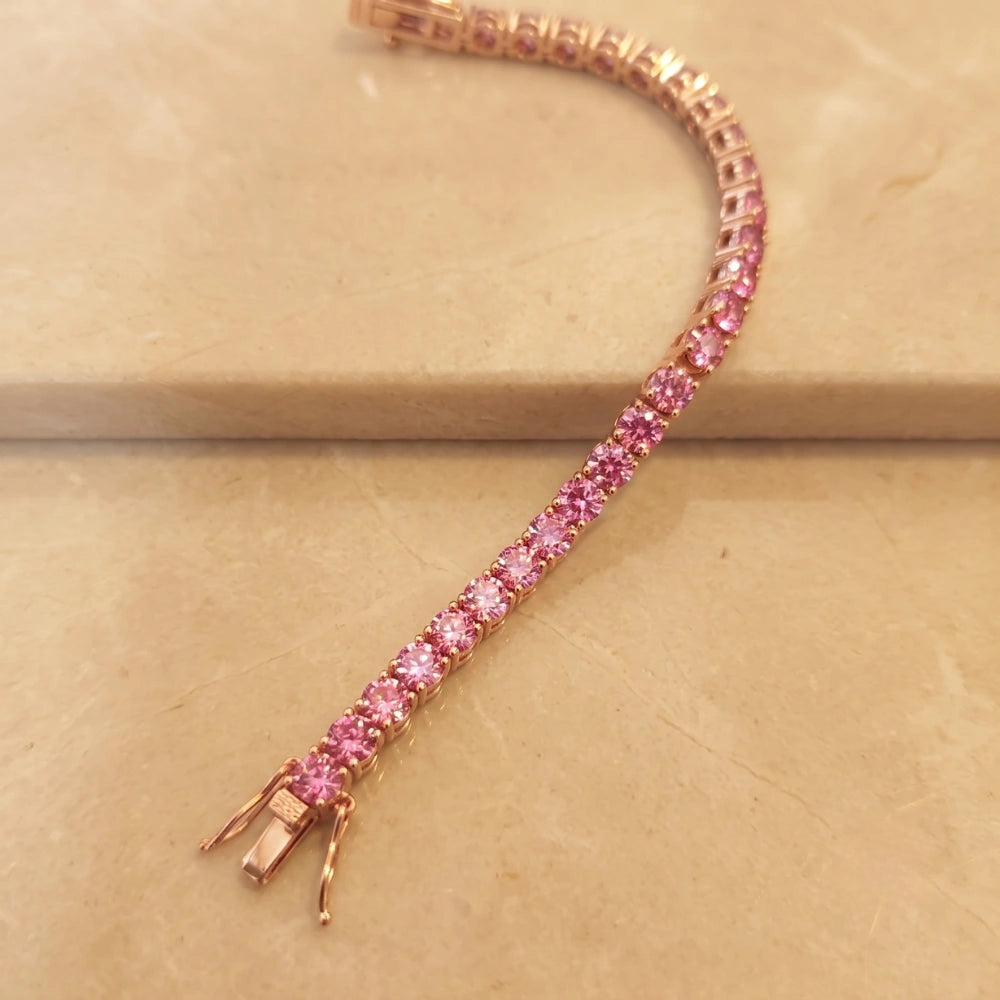 Pink moissanite tennis bracelet in 18K rose gold plated sterling silver with box clasp - Sensitive Stones