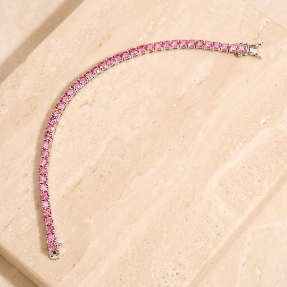Full pink moissanite tennis bracelet in white gold plated sterling silver with secure box clasp - Sensitive Stones
