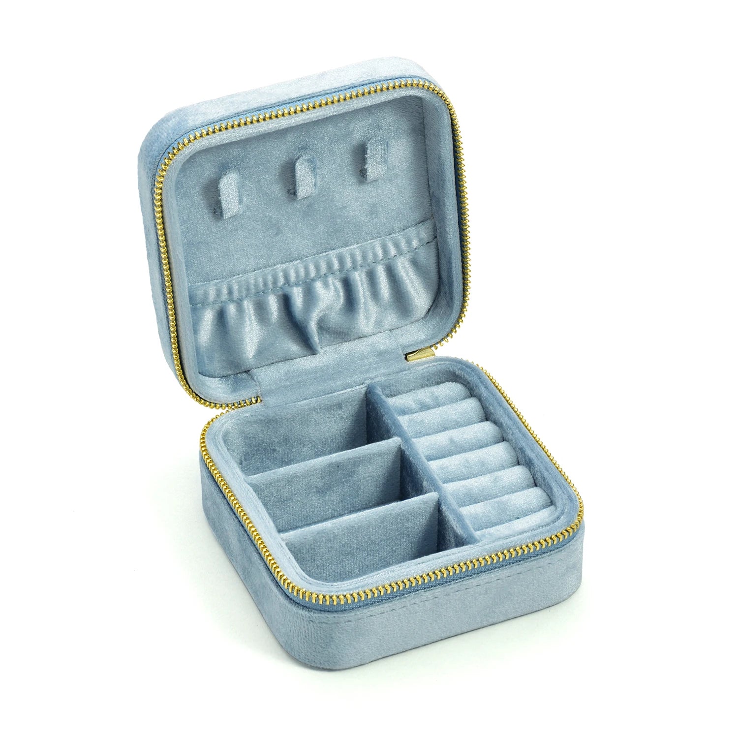 Powder blue velvet travel jewelry box open showing necklace hooks and ring compartments - Sensitive Stones