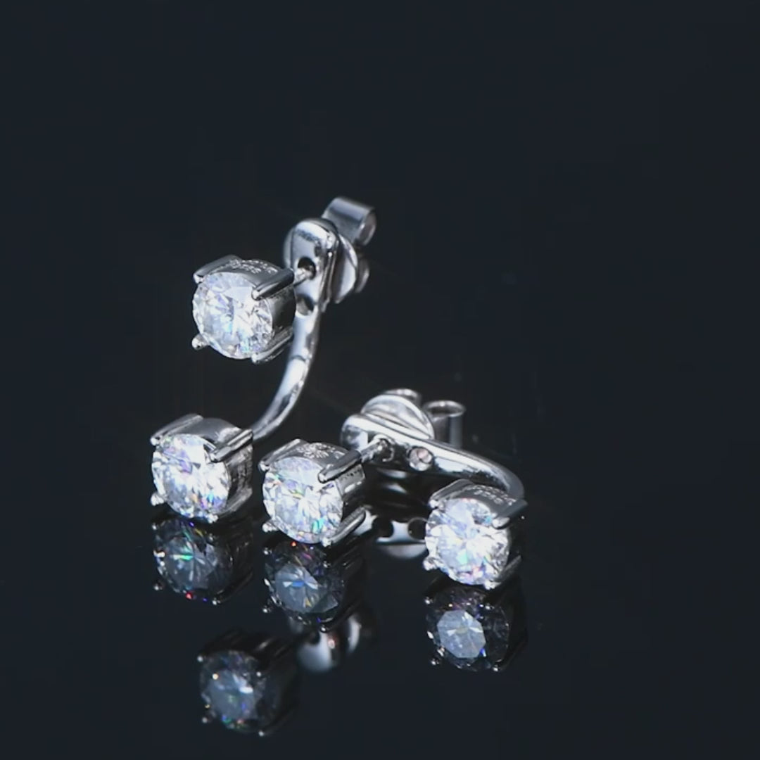 Video showing the brilliance and close-up sparkle of moissanite double stud jacket earrings from all angles, highlighting D color VVS1 stones and unique front-back design - Sensitive Stones