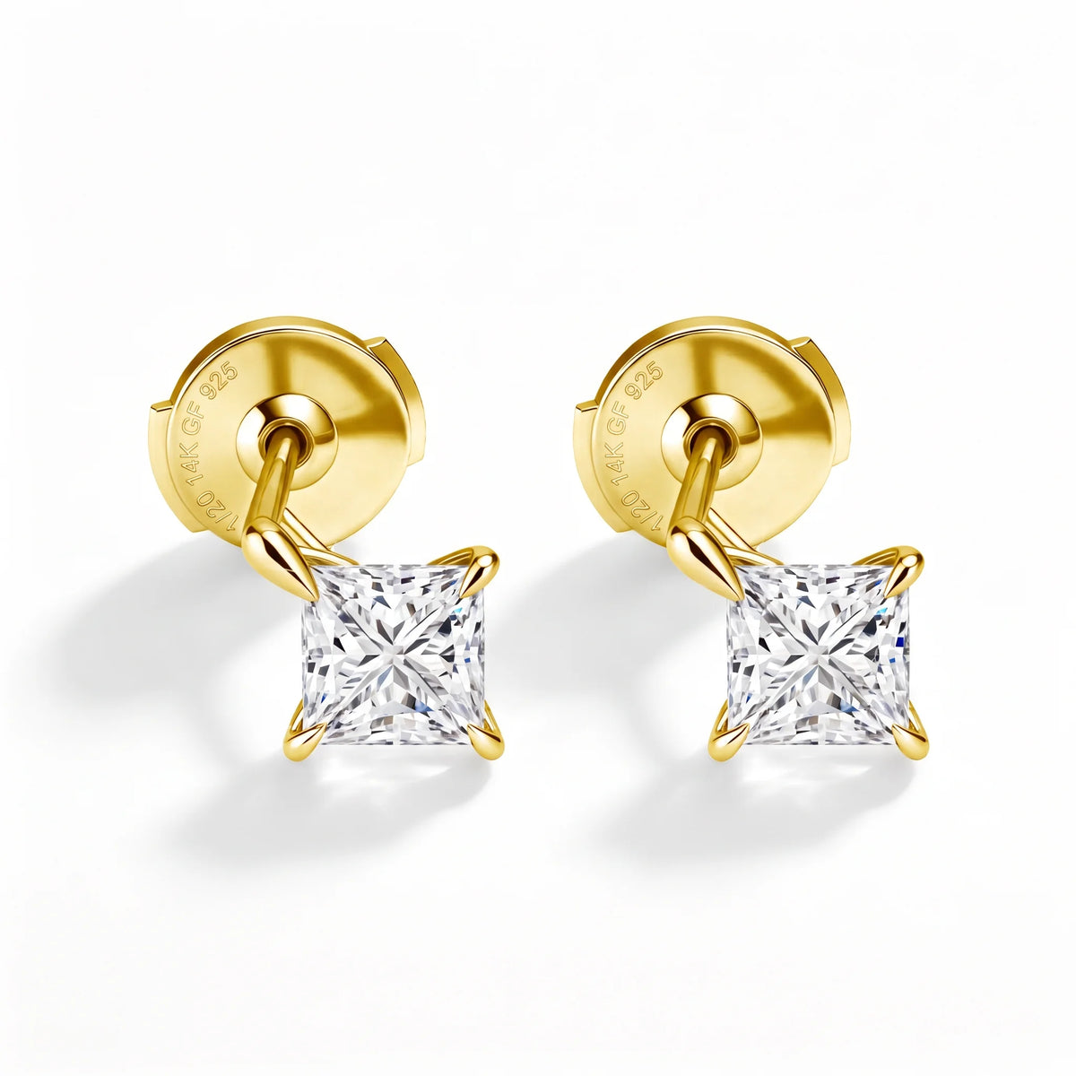 14K gold filled princess cut moissanite stud earrings in yellow gold, back view showing the 1/20 14K GF 925 stamp - Sensitive Stones