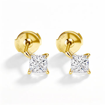 14K gold filled princess cut moissanite stud earrings in yellow gold, back view showing the 1/20 14K GF 925 stamp - Sensitive Stones