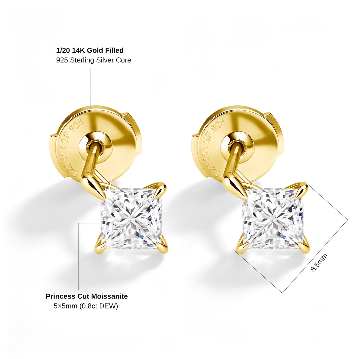 14K gold filled princess cut moissanite stud earring specifications, 5x5mm 0.8ct DEW stone measuring 8.5mm corner to corner over a 925 sterling silver core - Sensitive Stones