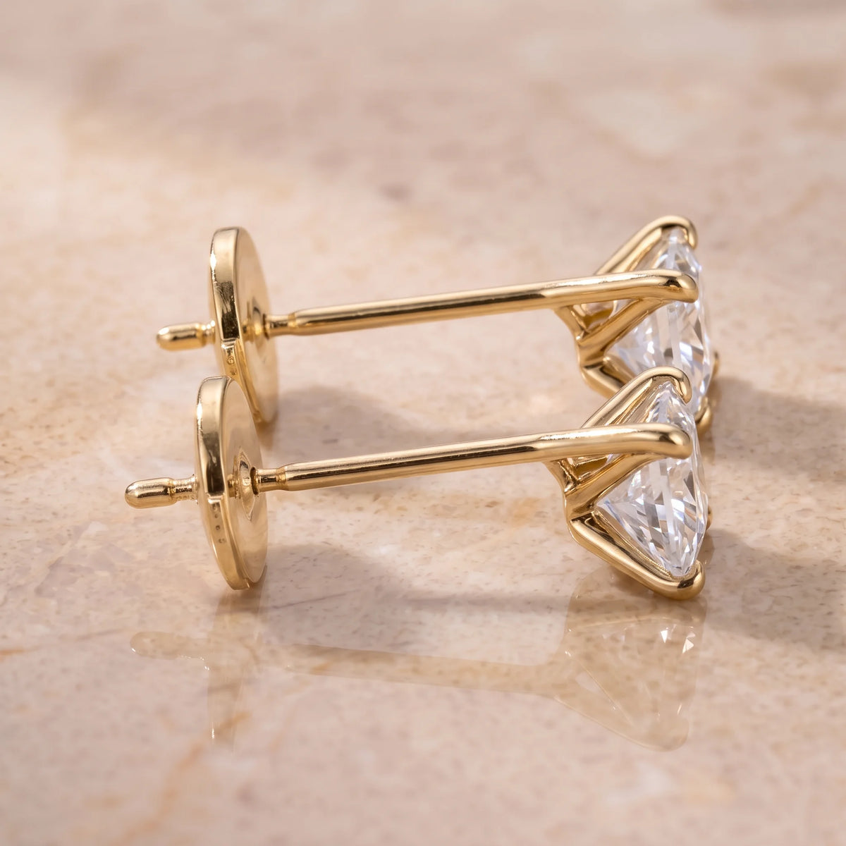 14K gold filled princess cut moissanite stud earrings side profile, showing the post and flat disc back - Sensitive Stones