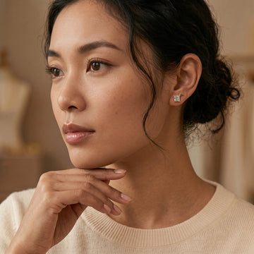 14K gold filled princess cut moissanite stud earrings worn on the ear, 5mm stone shown on a model for scale - Sensitive Stones