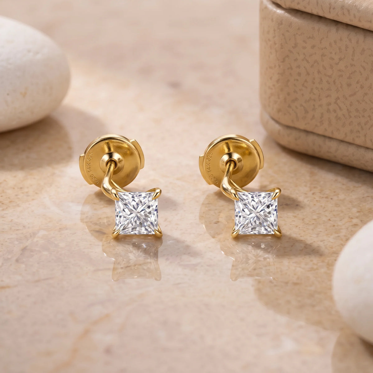 14K gold filled princess cut moissanite stud earrings in yellow gold with gift box, four-prong setting detail - Sensitive Stones