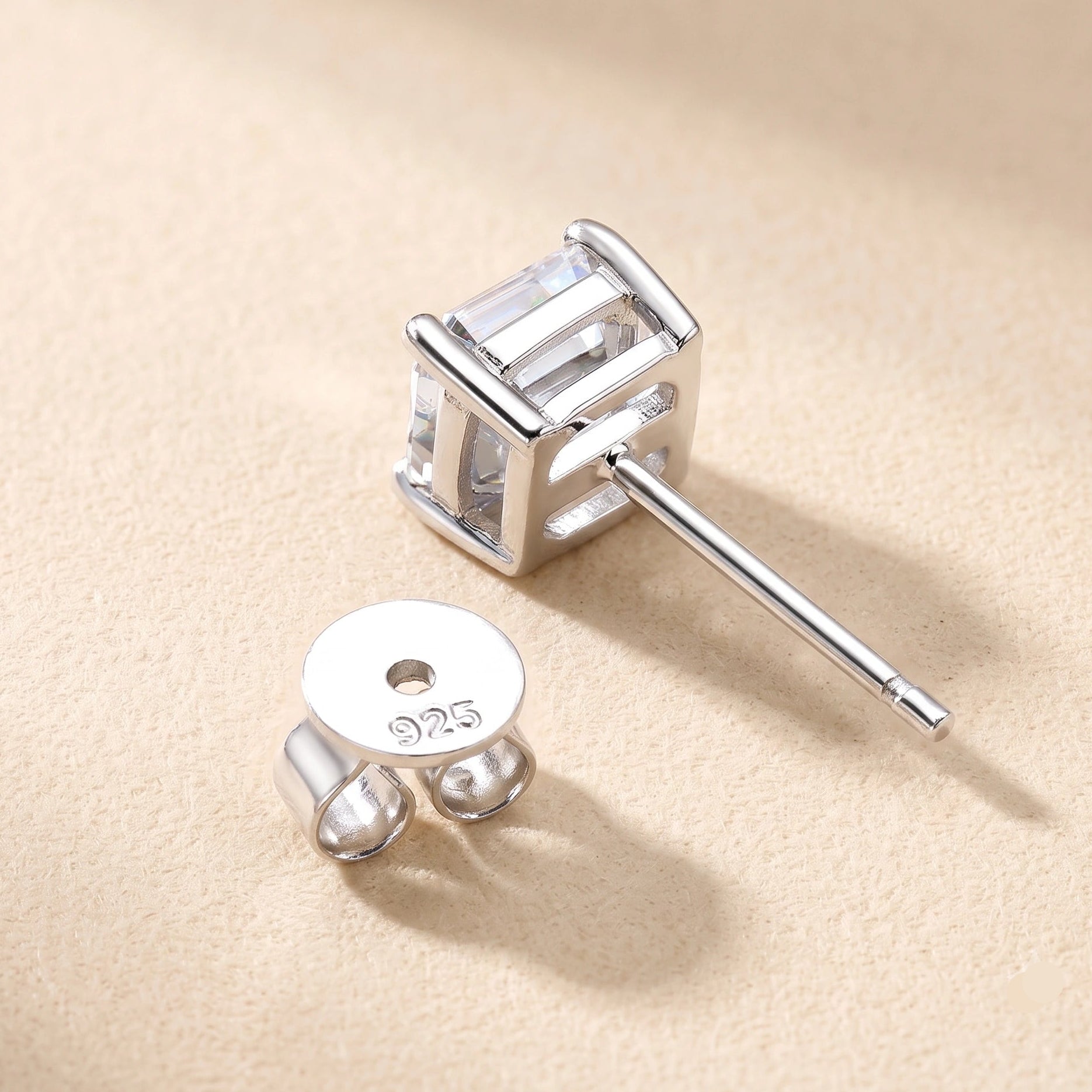 Princess cut moissanite stud earring with a 925 sterling silver push back - Sensitive Stones