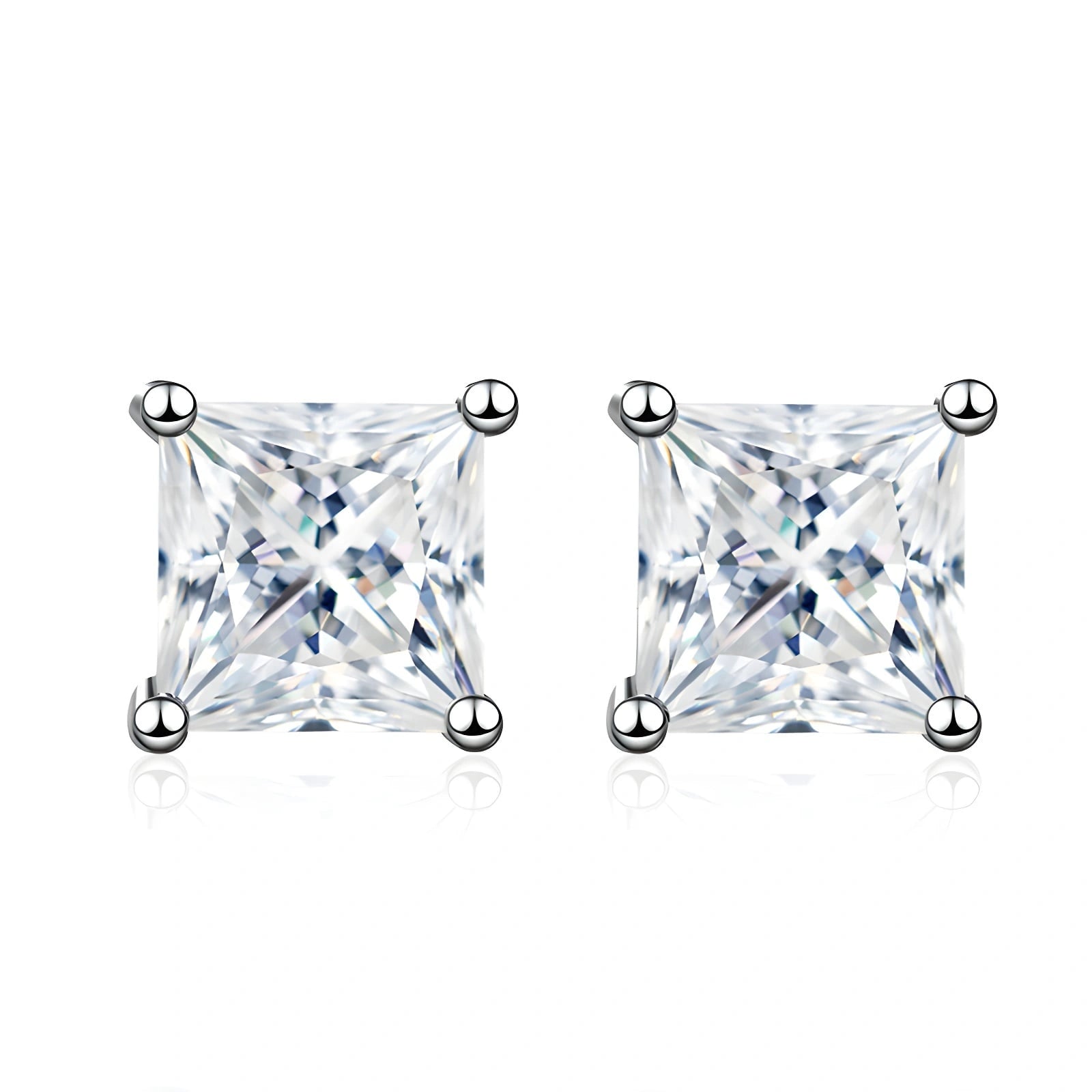 Princess cut moissanite stud earrings front view set in 925 sterling silver plated with white gold - Sensitive Stones