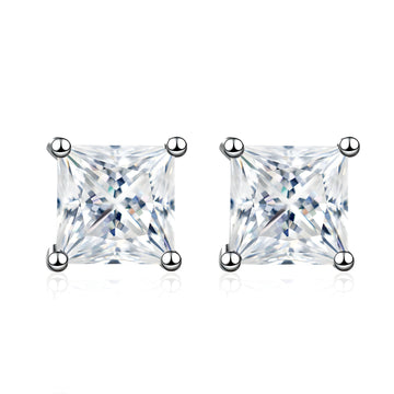 Princess cut moissanite stud earrings front view set in 925 sterling silver plated with white gold - Sensitive Stones