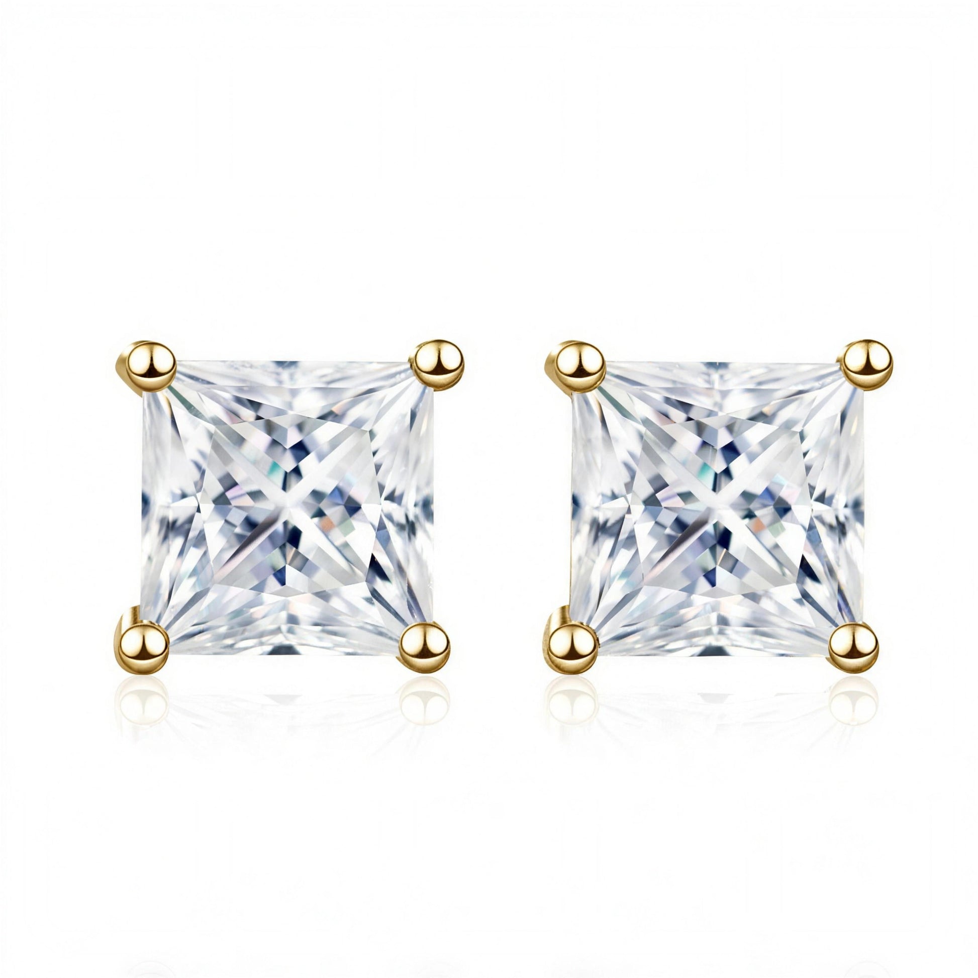 Princess cut moissanite stud earrings front view set in 925 sterling silver plated with yellow gold - Sensitive Stones