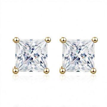 Princess cut moissanite stud earrings front view set in 925 sterling silver plated with yellow gold - Sensitive Stones
