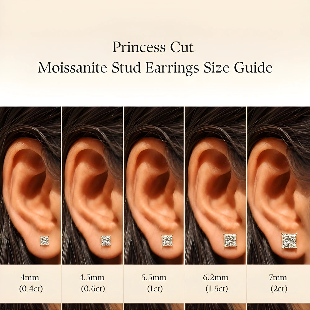 Princess cut moissanite stud earrings size comparison from 4mm (0.4ct) to 7mm (2ct) shown on the ear - Sensitive Stones.