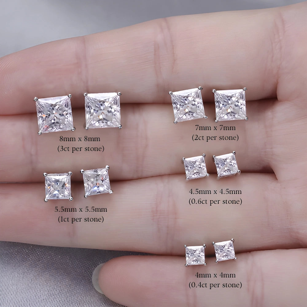 Princess cut moissanite stud earrings size comparison from 4mm (0.4ct) to 8mm (3ct) per stone, shown on the hand - Sensitive Stones