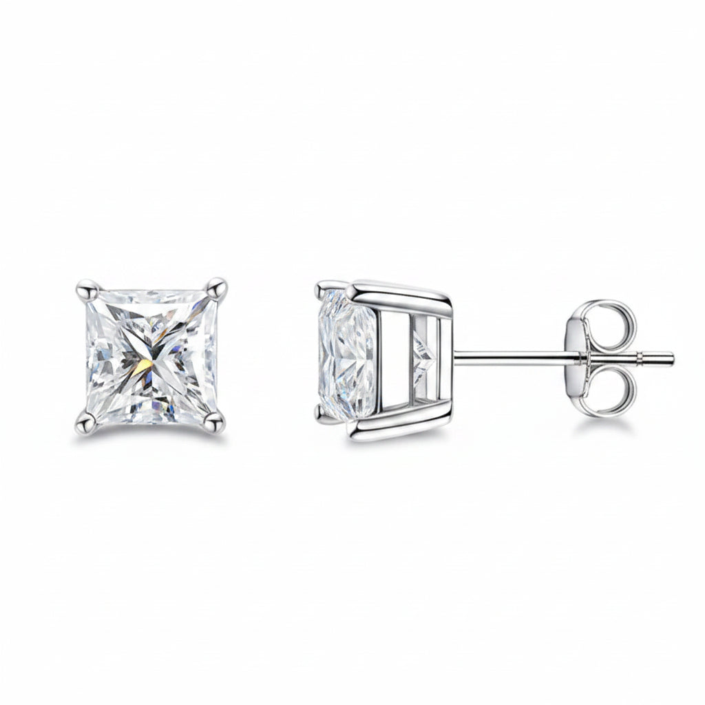Princess cut moissanite stud earrings in white gold, front and side view - Sensitive Stones