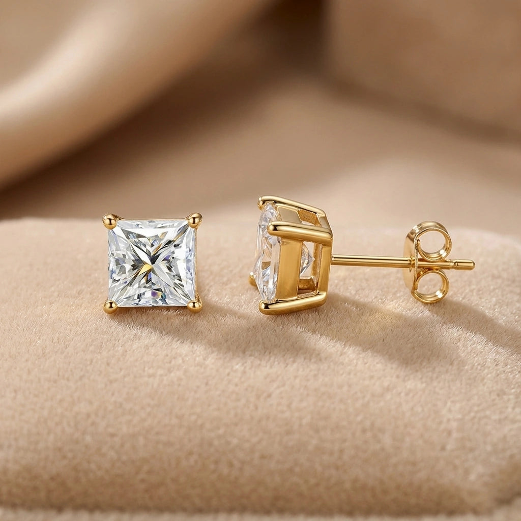 Princess cut moissanite stud earrings in yellow gold with setting detail - Sensitive Stones