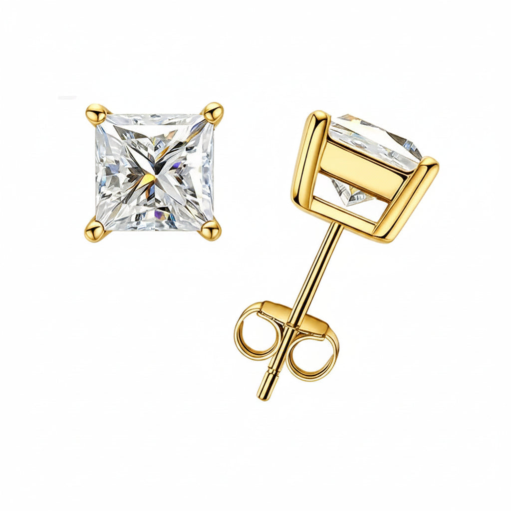 Princess cut moissanite stud earrings in yellow gold with square D Color moissanite - Sensitive Stones