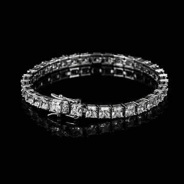 Princess cut moissanite tennis bracelet on a black reflective surface, showing square D Color VVS1 stones in four-prong settings - Sensitive Stones