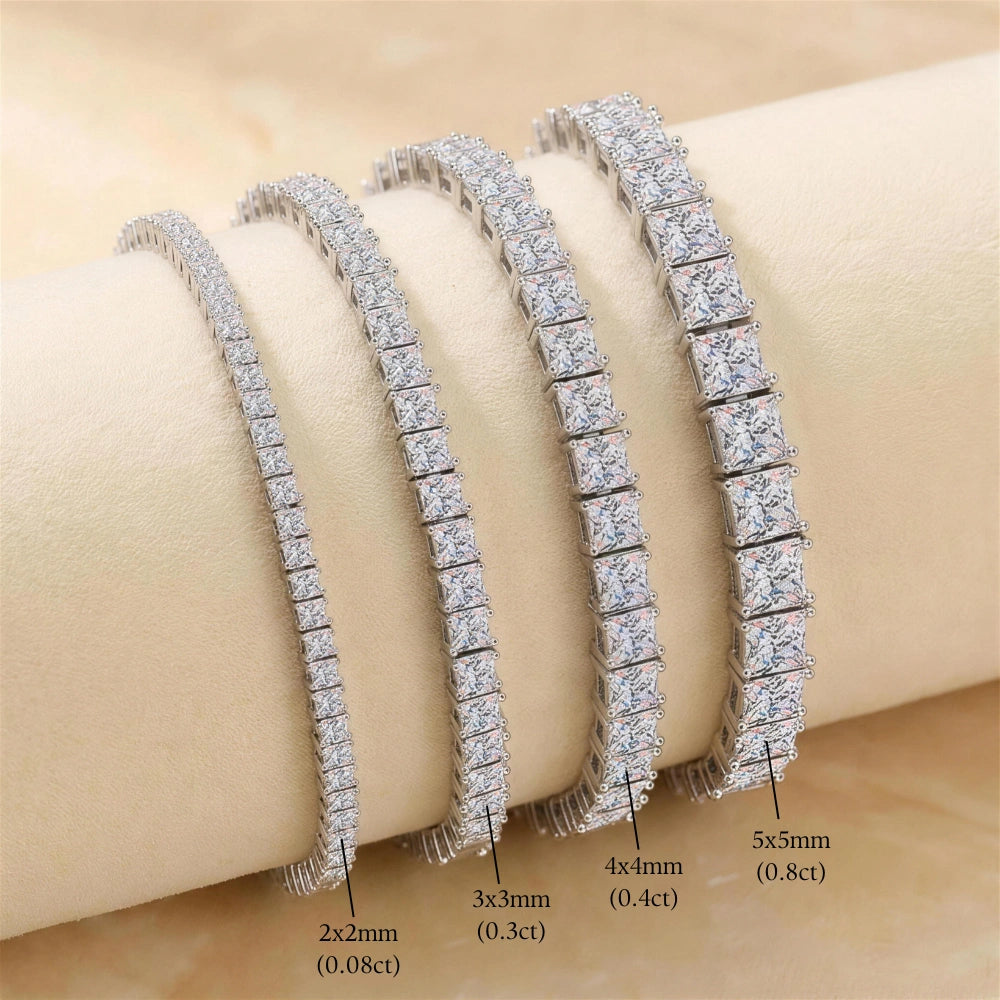 Size chart showing four princess cut moissanite tennis bracelets in 2x2mm, 3x3mm, 4x4mm and 5x5mm stone sizes with carat weights - Sensitive Stones