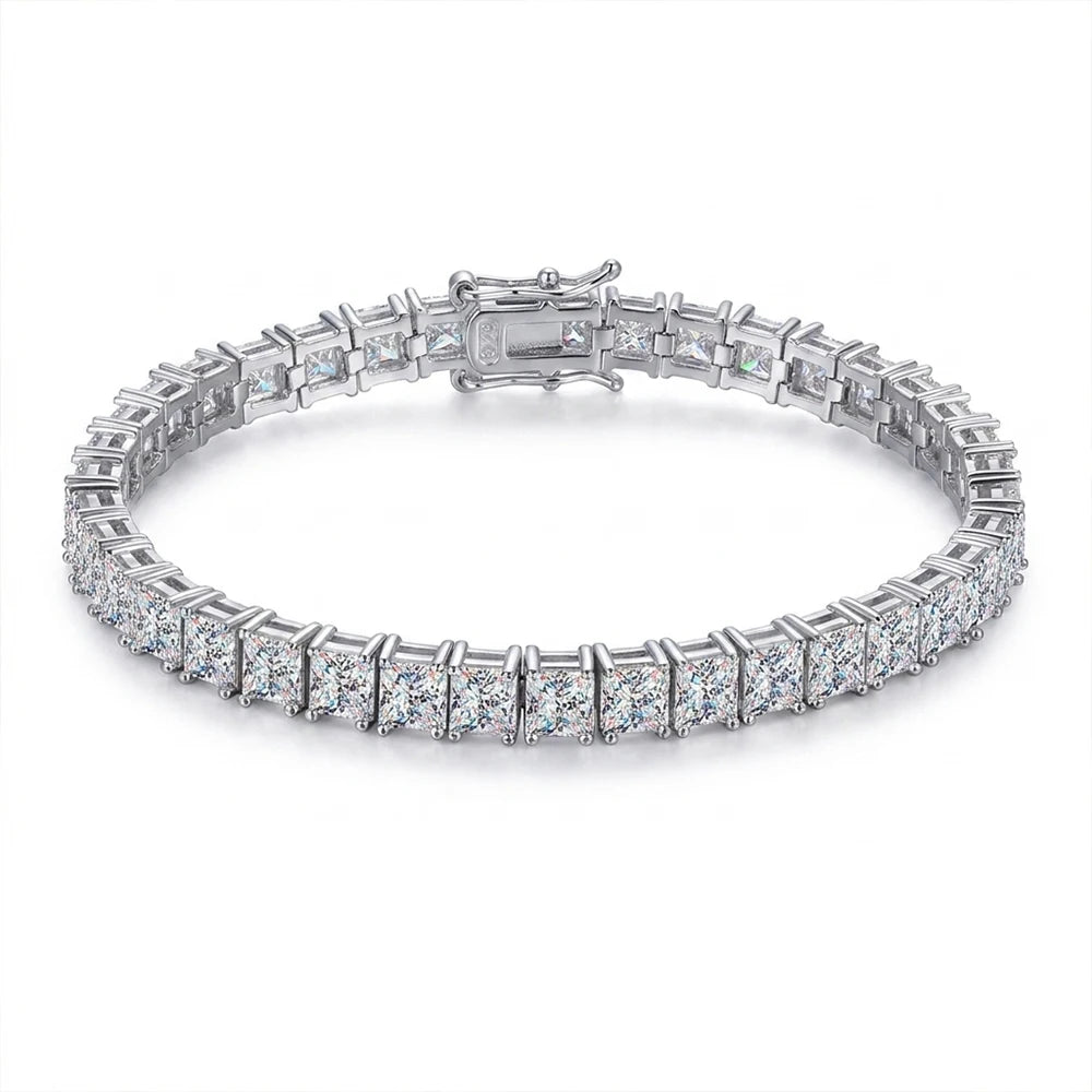 Princess cut moissanite tennis bracelet in 925 sterling silver with 18K white gold plating, box clasp with figure-8 safety catch - Sensitive Stones