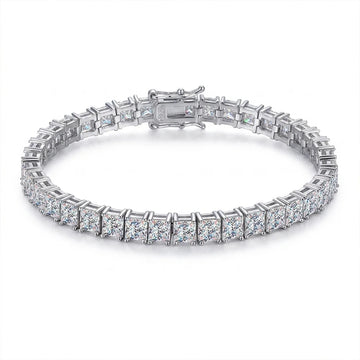 Princess cut moissanite tennis bracelet in 925 sterling silver with 18K white gold plating, box clasp with figure-8 safety catch - Sensitive Stones