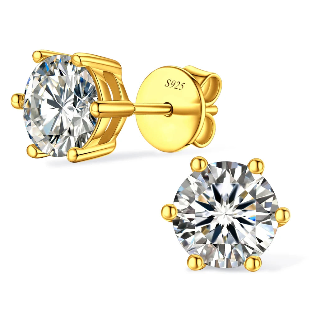 6-prong moissanite solitaire stud earrings in 18K gold plating with butterfly back, round brilliant cut D color VVS1, front and back view - Sensitive Stones