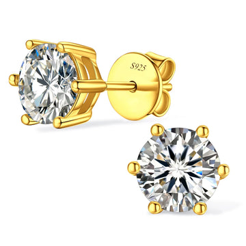6-prong moissanite solitaire stud earrings in 18K gold plating with butterfly back, round brilliant cut D color VVS1, front and back view - Sensitive Stones