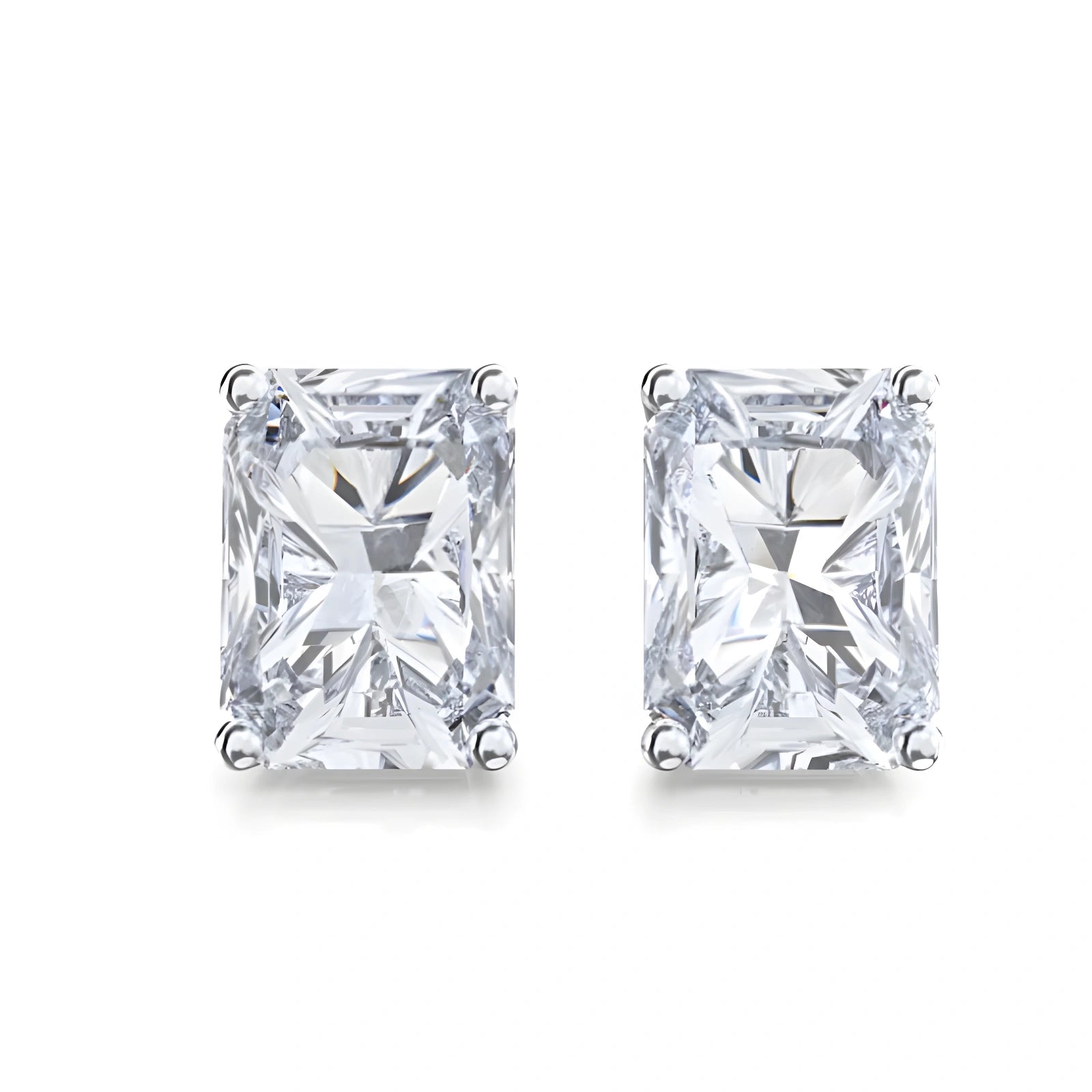 Radiant cut moissanite stud earrings front view in white gold - Sensitive Stones