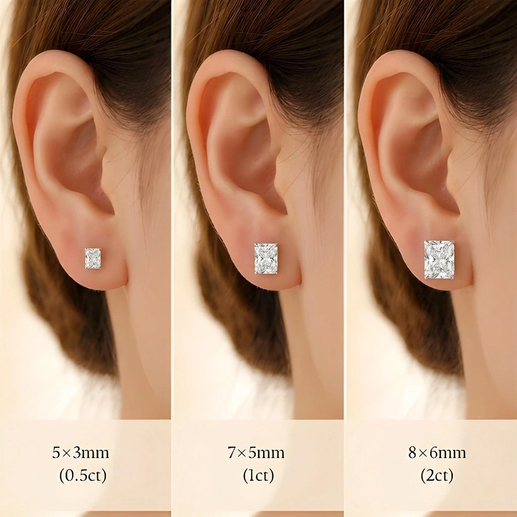 Radiant cut moissanite stud earrings size guide from 0.5ct to 2ct - Sensitive Stones