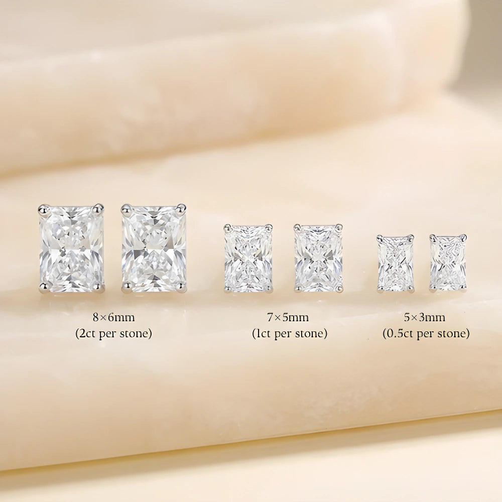 Radiant cut moissanite stud earrings shown in three carat sizes - Sensitive Stones