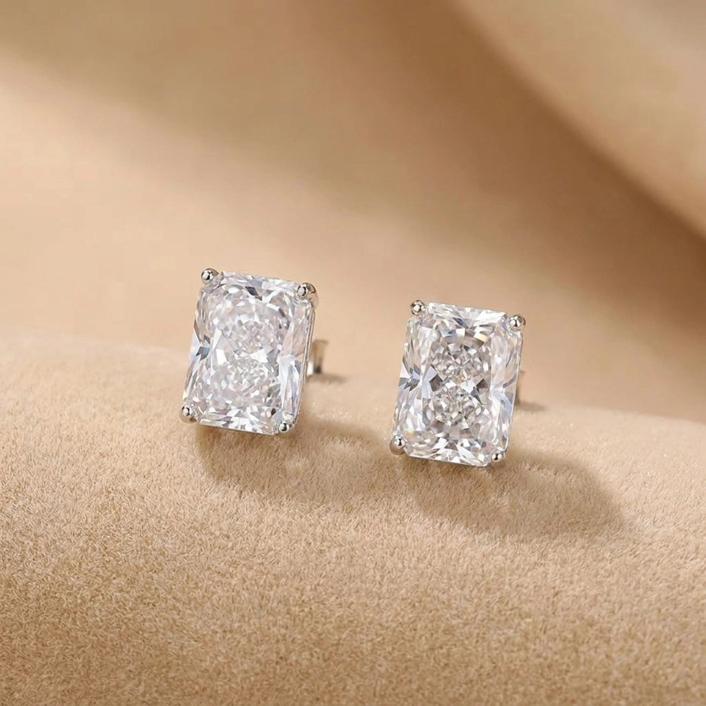 Radiant cut moissanite stud earrings in white gold on beige velvet - Sensitive Stones