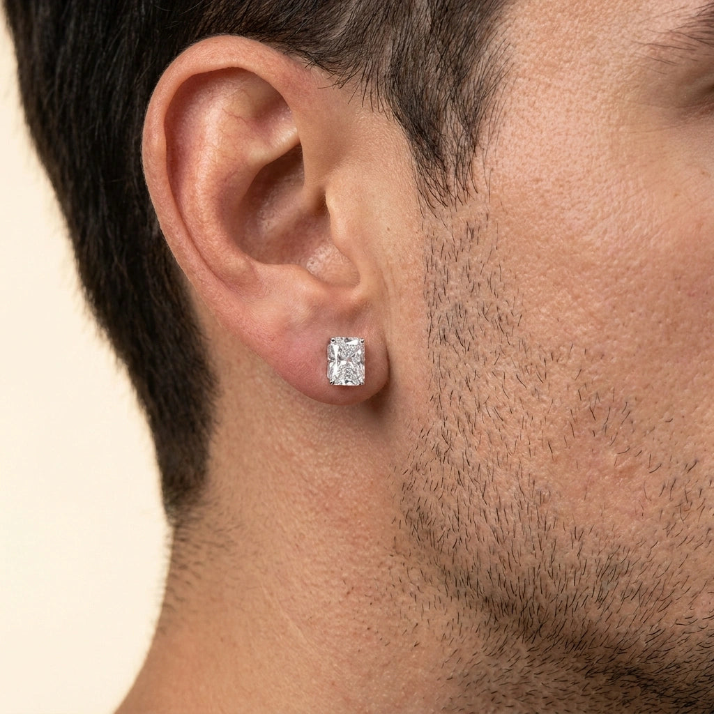 Man wearing a radiant cut moissanite stud earring - Sensitive Stones