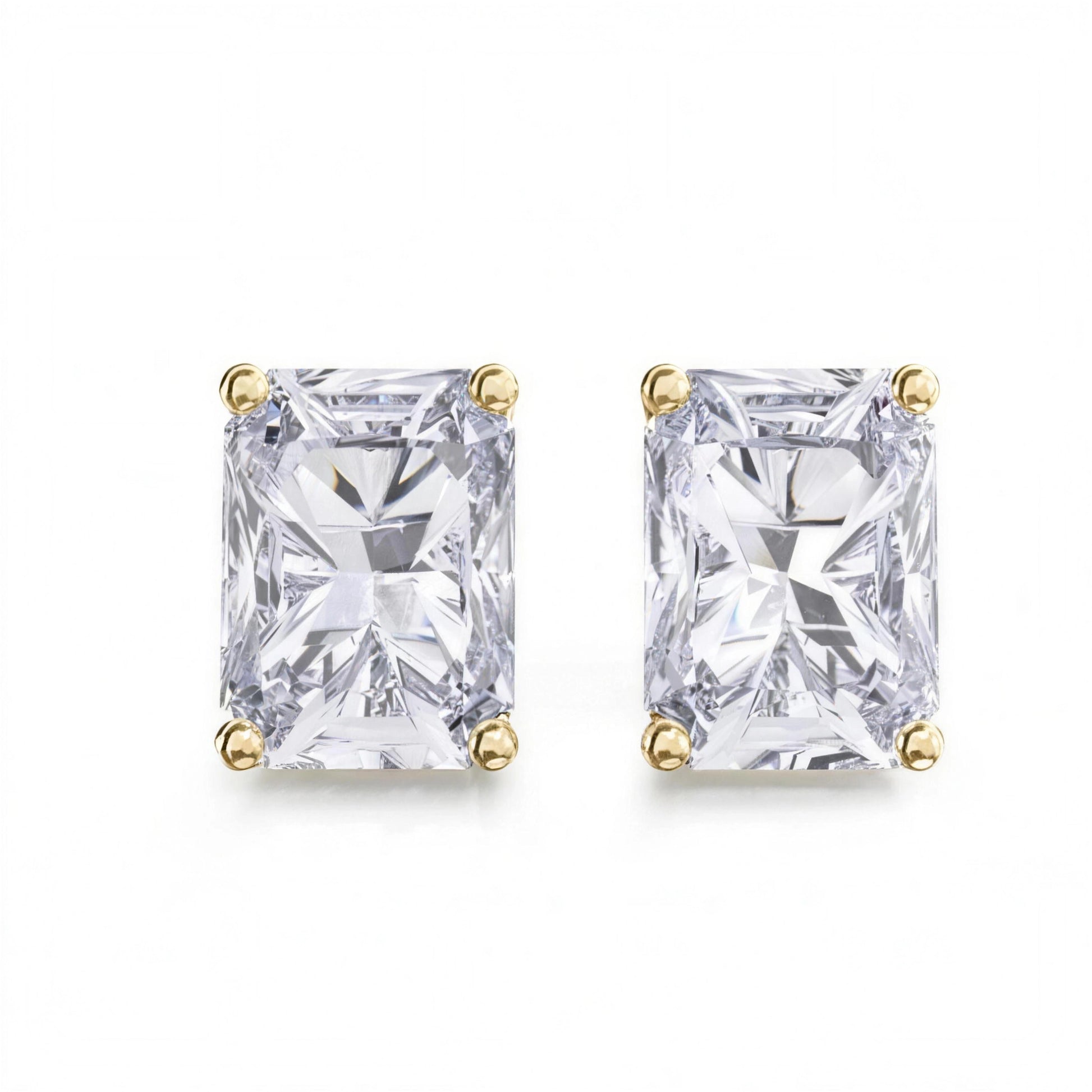 Radiant cut moissanite stud earrings front view in yellow gold - Sensitive Stones