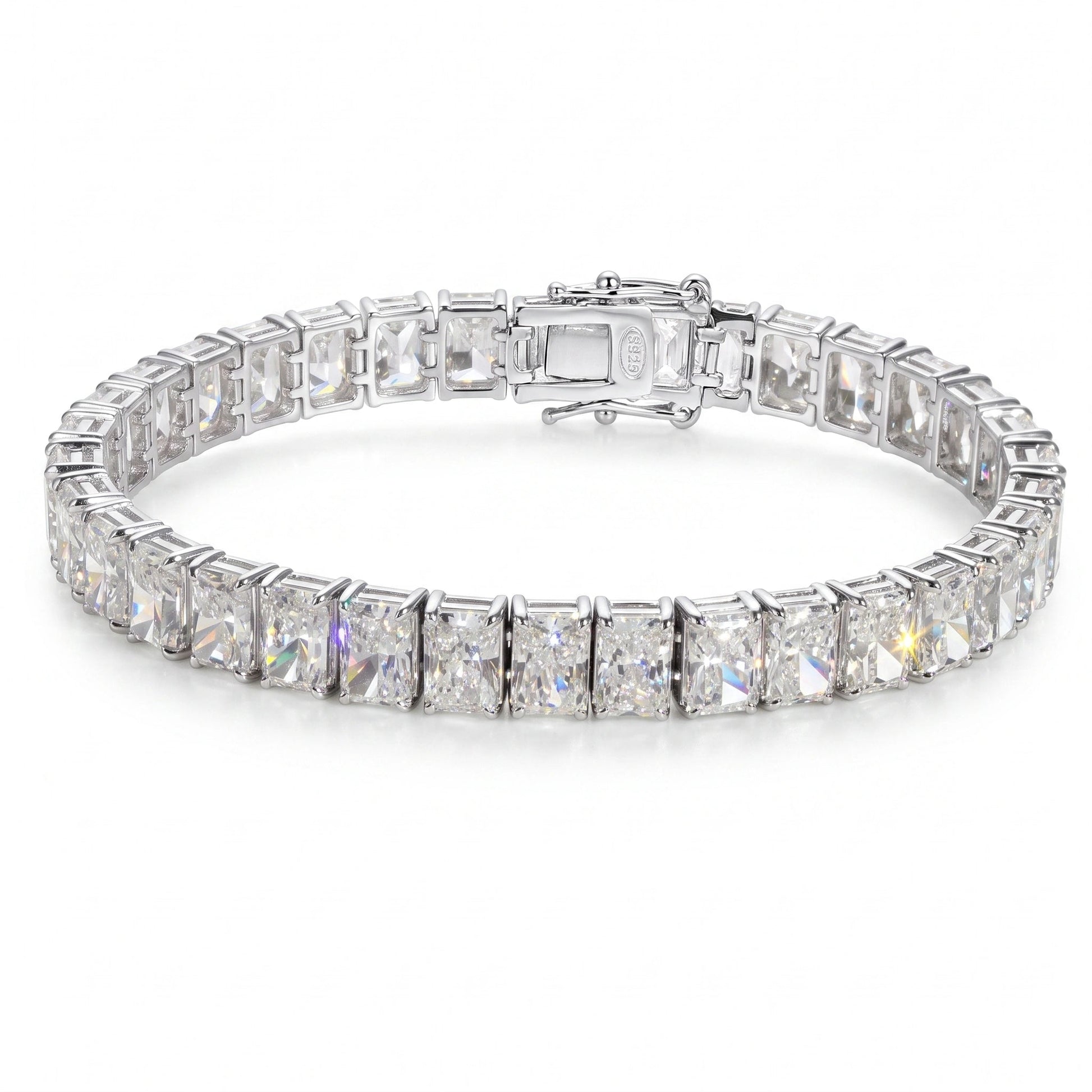 Radiant cut moissanite tennis bracelet in 925 sterling silver with 5x3mm east-west set stones and a box clasp
