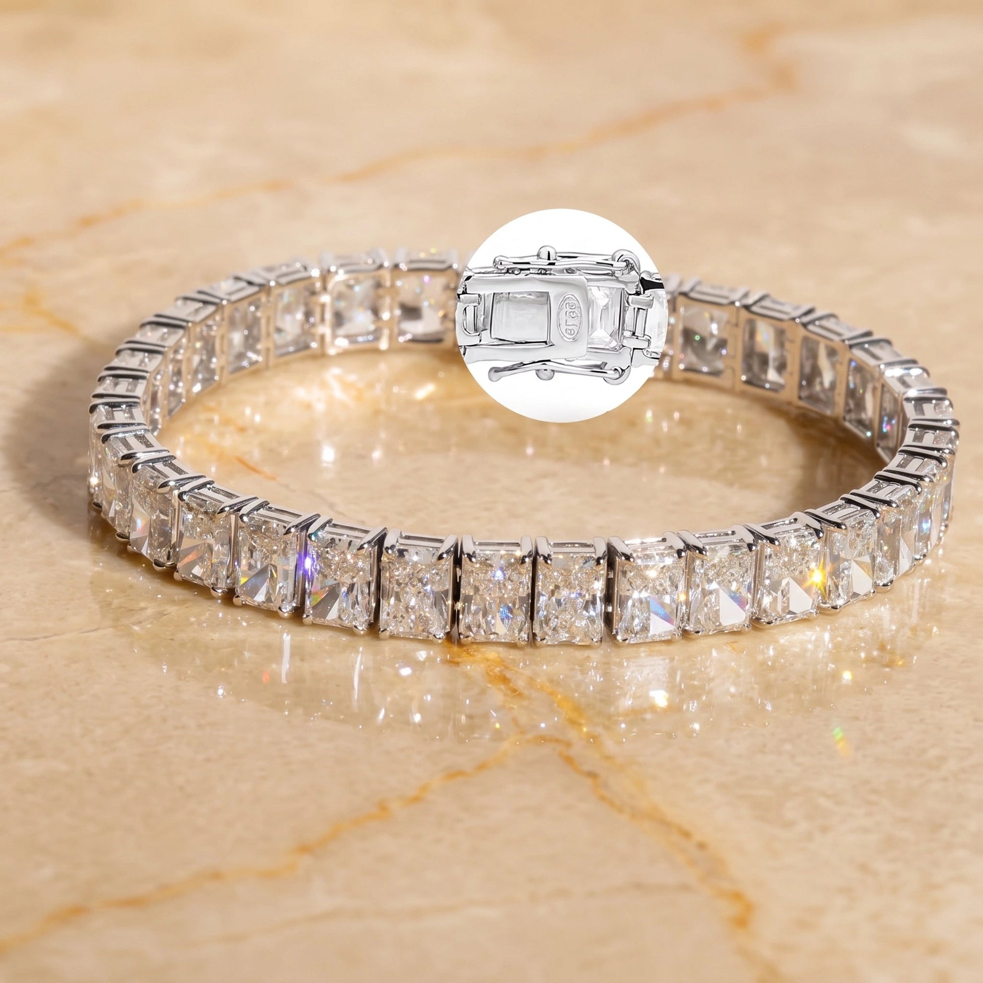 Close-up of the box clasp with double safety latch on a radiant cut moissanite tennis bracelet in 925 sterling silver